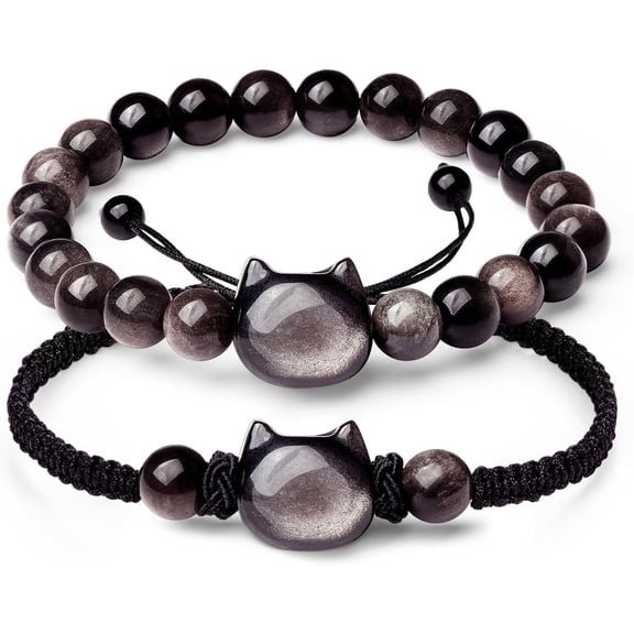 2 Pcs Cat Black Obsidian Bracelet Set Money Wealth Mood Beaded Bracelet Rope Bracelets for Men Women Stretch Bracelet Good Luck Feng Shui Bracelets Gifts Jewelry for Boyfriend Husband Father