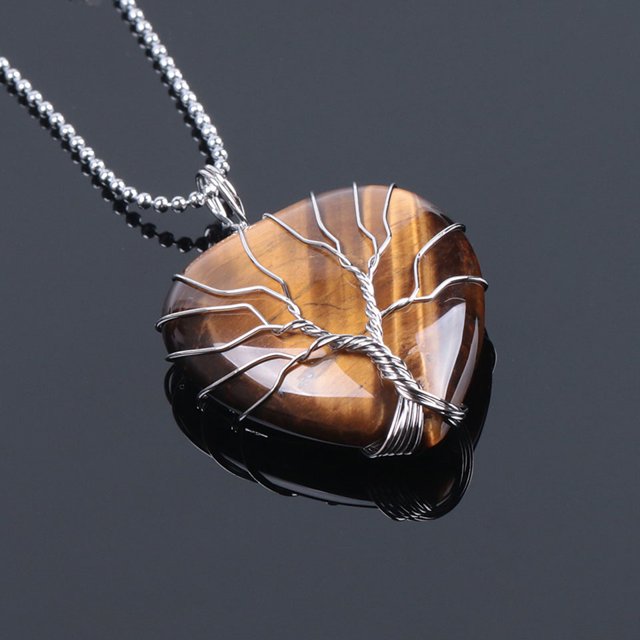 Arbre de la Vie Fil Enveloppé Collier Coeur d'Amour & Pendentif Suspension Pierre Gemme