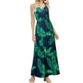 thumbnail image 2 of Huskary Robe Maxi d'Été Tropicale Bohème Sans Manches Col en V Bretelles Spaghetti Poches Plage Bleu Foncé, 2 of 4