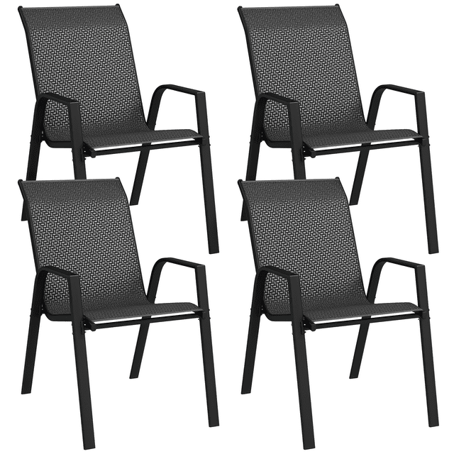 Outsunny Rattan Outdoor Dining Chairs Set of 4, stackable grey patio chairs with powder-coated steel frames and woven rattan seats. Perfect for outdoor dining, balconies, gardens, or patios. Their stackable design makes them ideal for compact storage in small spaces.