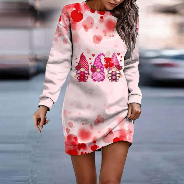 Vestidos Casuales Para Mujer Verano Vestido Casual de Manga Larga Con Bolsillo y Cuello Redondo Con Estampado de San Valentín A La Moda de Otoño E Invierno Para Mujer