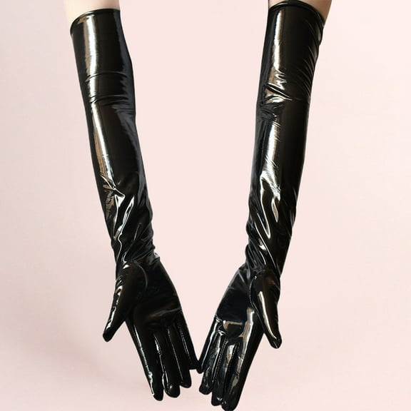 Opolski 1 Pair Nightclub Gloves Soft Paint Finish Long Full Fingers Over Elbow Decorative Patent Leather Punk Style Women Club Gloves for Party Black