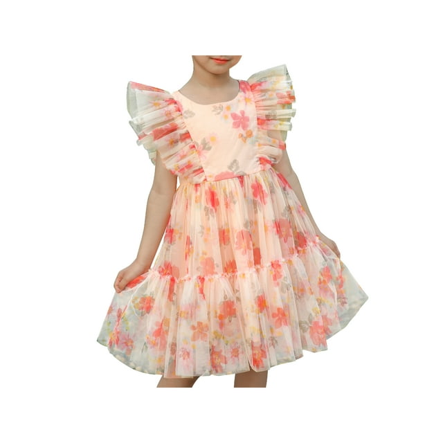 Girls Dress Floral Ruffle Tulle Skirt Flutter Flare Sleeve 7 Years