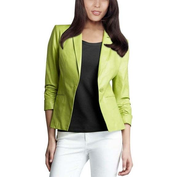 Genuine Real Lambskin Leather Green Stylish Women Classic Button Party Blazer
