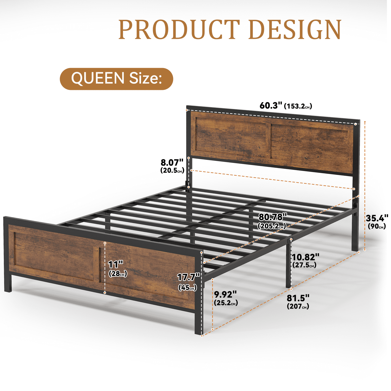 Vipbear Brown Sturdy Heavy-Duty Metal Queen Size Bed Frame With Headboard And Footboard, 10in Under-Bed Storage,Concealed Screw,Quiet,Easy To Assemble