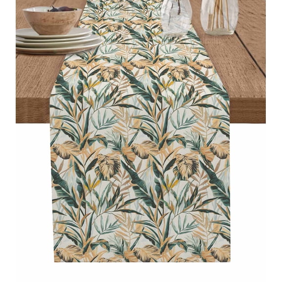 ERUNPONLY Summer Palm Leaf Table Runner - 70 Inch Long Topical Vintage Botanical Leaves Cotton and Linen Blended Dress Scarves Farmhouse Table Runner for Kitchen Dining, Coffee Table, 13"x70"