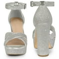 thumbnail image 2 of De Mujer Brillo Plataforma Tacones Entrecruzado Tacón Grueso Sandalias Plateado US 9/UK 7/EU 40, 2 of 6