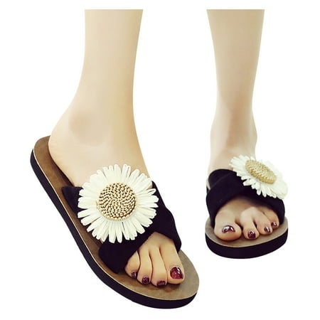 

A1 new home gifts for home Women Flock Beach Breathable Flowers Sandals Home Slipper Flip-Flops Flat Shoes Flock Black