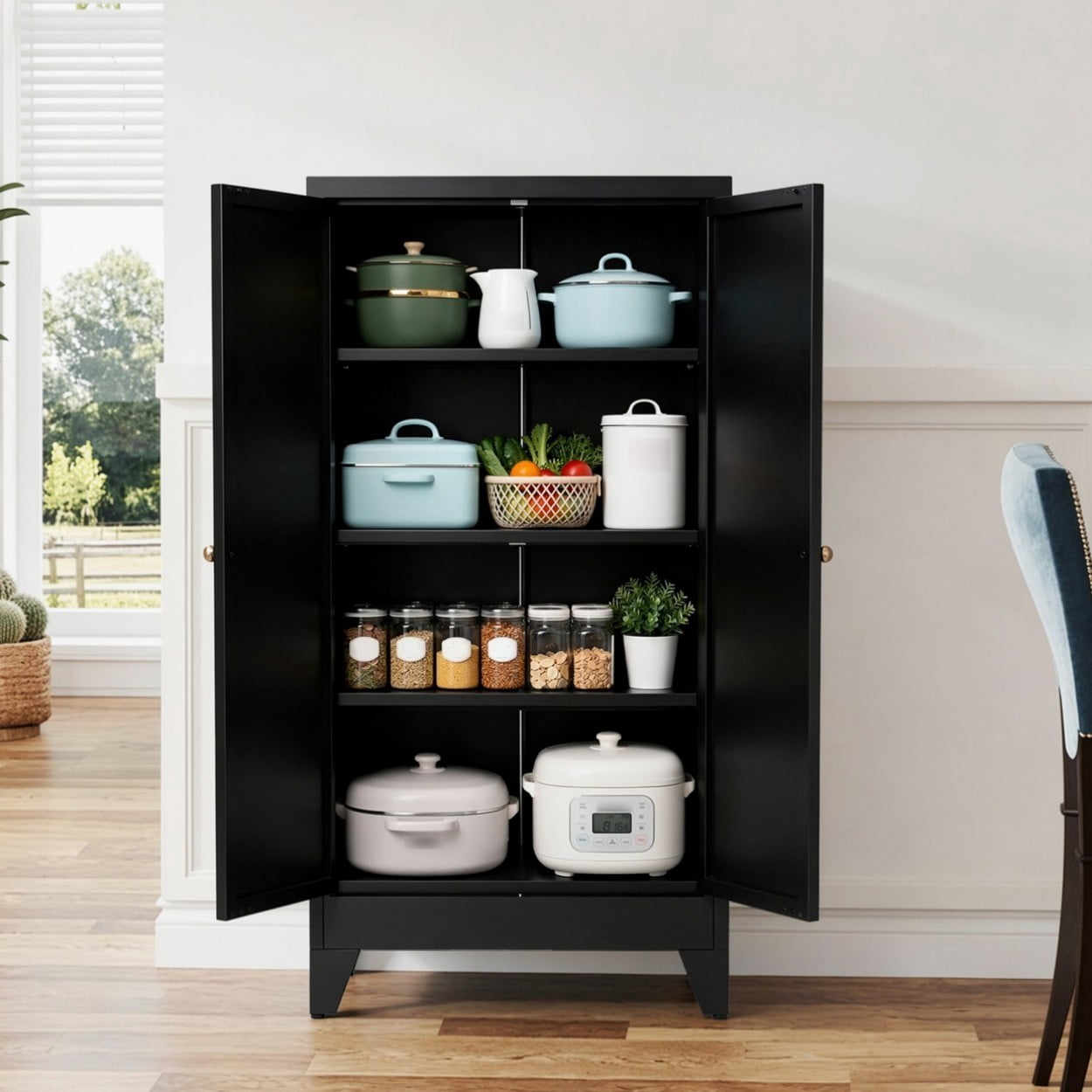47.3" Metal Kitchen Pantry Cabinet with Doors, Heavy Duty Freestanding Storage Organizer, Adjustable Shelves, 110 LBS Capacity Steel Cabinet for Kitchen Pantry Living Room, Black