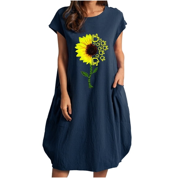 Babysbule Dresses for Women Fashion Women Casual O-Neck Sunflower Print Plus Size Pocke