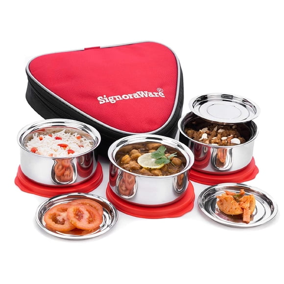 Sleek Twin Wall Both Stainless Steel Layers Lunch Box - Red | 3 Containers With 3 Steel Cover Plates, 260ml Each - Double Wall, Airtight, Leak Proof
