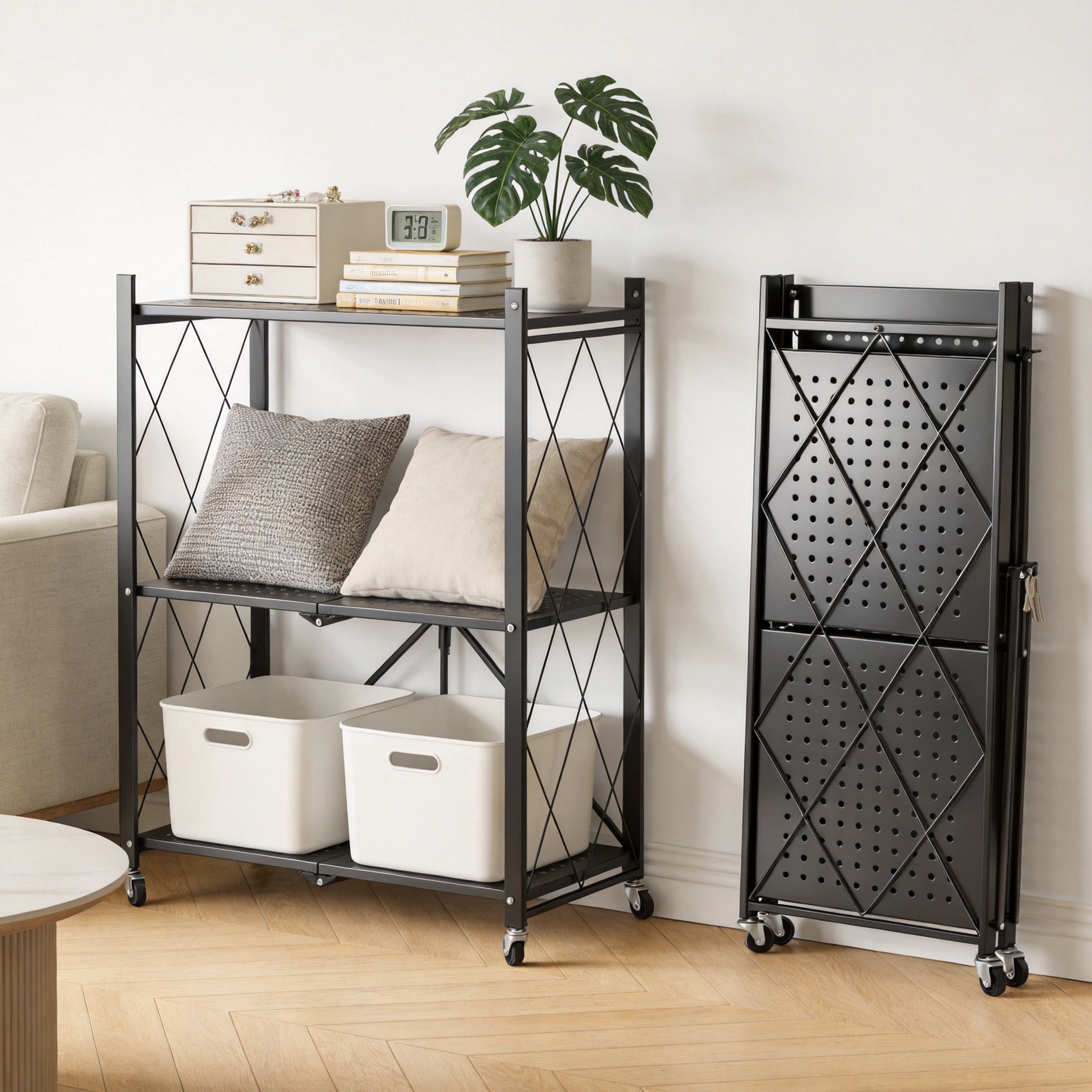 GARITIN 3‑Tier Rolling Storage Rack with Wheels, Foldable Heavy‑Duty Metal Storage Shelves, Organizer Shelf for Kitchen Living Room, Black