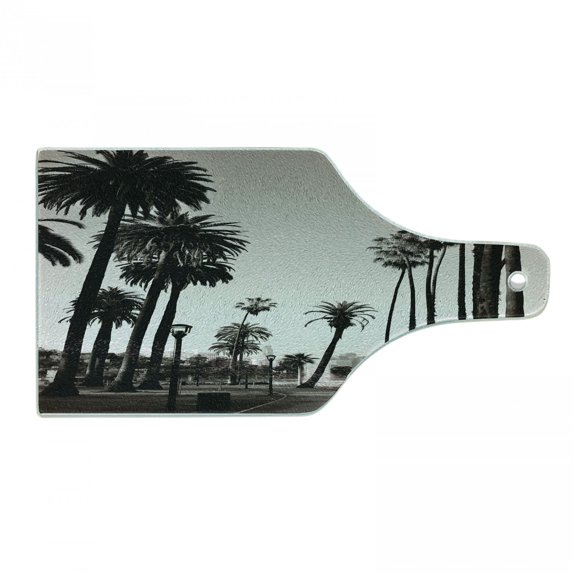 Palm Tree Cutting Board, Los Angles Downtown Park View Tropical Nature California American Landmark, Tempered Glass Cutting and Serving Board, Wine Bottle Shape, Dark Brown White, by Ambesonne