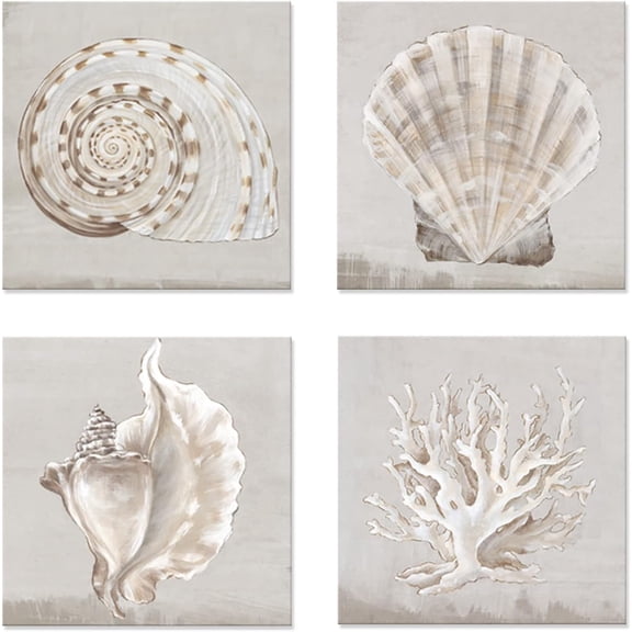 White shells Coastal Modern Seascape Canvas Wall Pictures Vintage Giclee Print on Canvas by PI Creative Art Stretched Living Room Bedroom Wall(White shells Eva Watts, 12 x 12 Inch x 4 pcs)