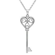 Heart Shaped Diamond Key Pendant - Necklace with Three Hearts in .925 Sterling Silver