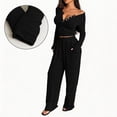 thumbnail image 5 of Bzdzmqm Women's 2 Piece Outfits V Neck Long Sleeve Crop Top and Wide Leg Pants Set Casual Lounge Matching Tracksuit Solid Basic Fall Travel Vacation Daily Wear Comfy, Black XL, 5 of 6
