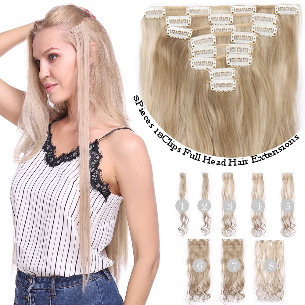 Hairro Clip inHair Extensions for Women, 8 PCS 18 Clips #Blonde Hair Extensions, Thick Hairpieces Wavy Hairpieces, Soft Hair & Blends Well, Long Wavy (17inch, 8pcs)