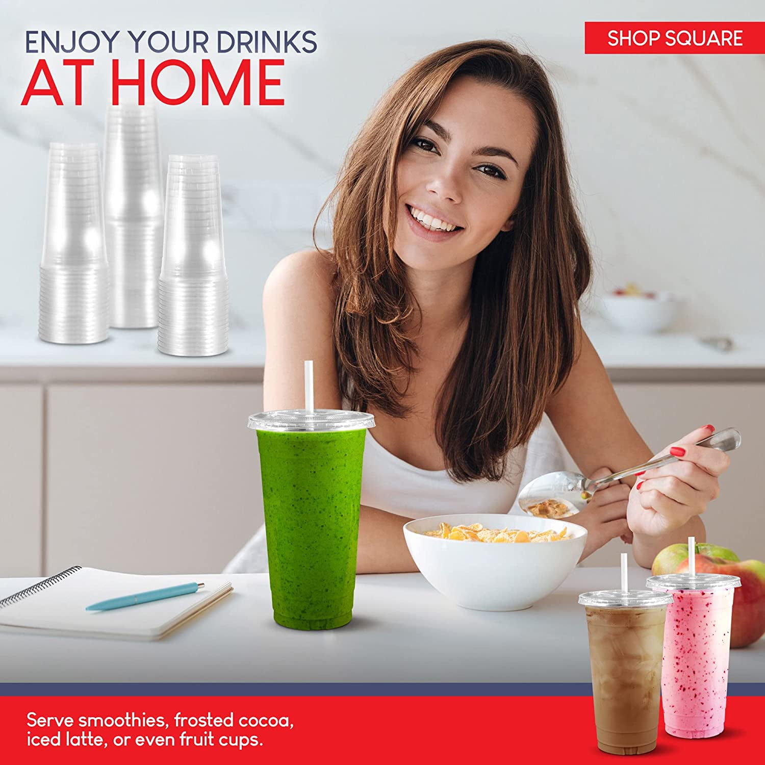 32 oz Plastic Cups with Lids (50 Pack) - Disposable Clear Cups for Iced Coffee, Boba, Milk Tea, Smoothies, and Fruit Shakes for Parties, Cafes, Restaurants