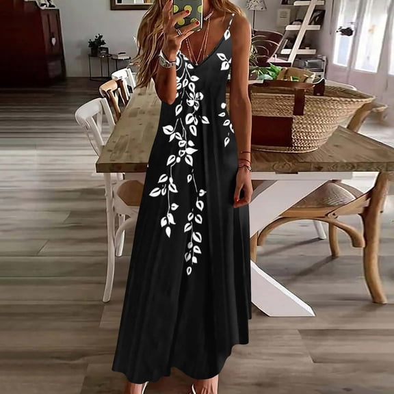 Gamivast Vacation Dresses for Women Loose Flowy Sleeveless Deep V Neck Slip Dress Spaghetti Strap Botanical Leaf Print Long Dress Beach Cruise Look