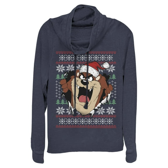 Junior's Looney Tunes Taz Ugly Christmas Sweater Print Cowl Neck Sweatshirt