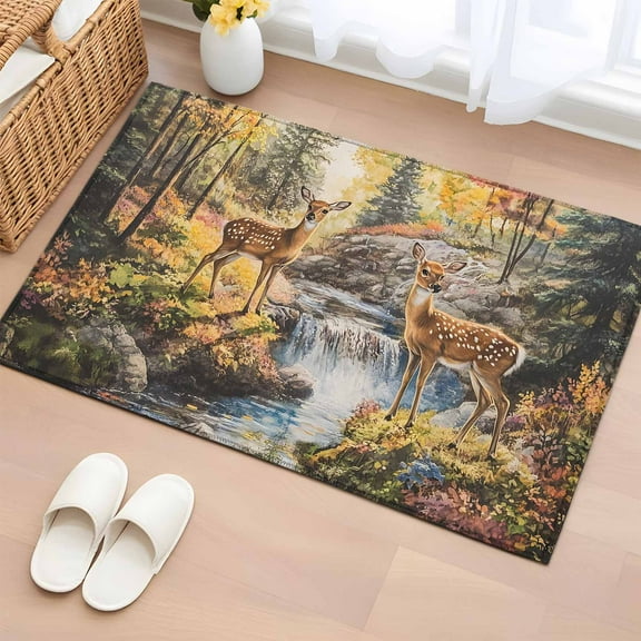 Autumn Forest Deer Bathroom Rug Washable 2x3 Entryway Rug Non Slip Elk River Mountain Front Door Mat Low Pile Indoor Doormat Throw Floor Carpet for Kitchen Bedroom Entrance