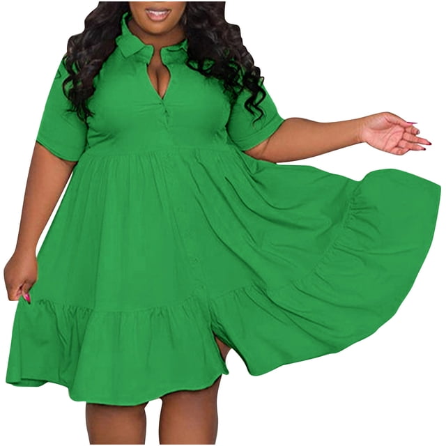 Vestidos Para Mujer Vestido de Talla Grande Moda Color Sólido Solapa Un Solo Pecho Casual Camisa de Manga Corta Vestido Odeerbi ODB158984