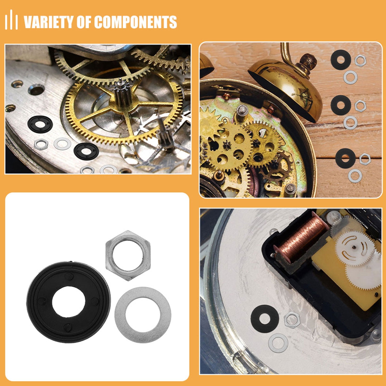 OUNONA 40 Sets Quartz Clock Movement Repair Kit with Metal Washers, Nuts, Rubber Gaskets for Accurate Wall Clock Fixing
