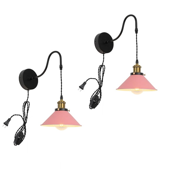 KAYYELAMP 2Pcs Corded Adjustable Black Gooseneck Pink Metal Shade Wall Sconce 9.8Ft Dimmer Cable Retro Design Wall Lighting For Bedroom Kitchen Farmhouse Bar