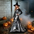 thumbnail image 2 of Women Halloween Witch Maxi Dress, Long Sleeve V Neck Lace Cuff A Line Floor Length Dress, Gothic Haunted House Printed Evening Party Dress, 2 of 6