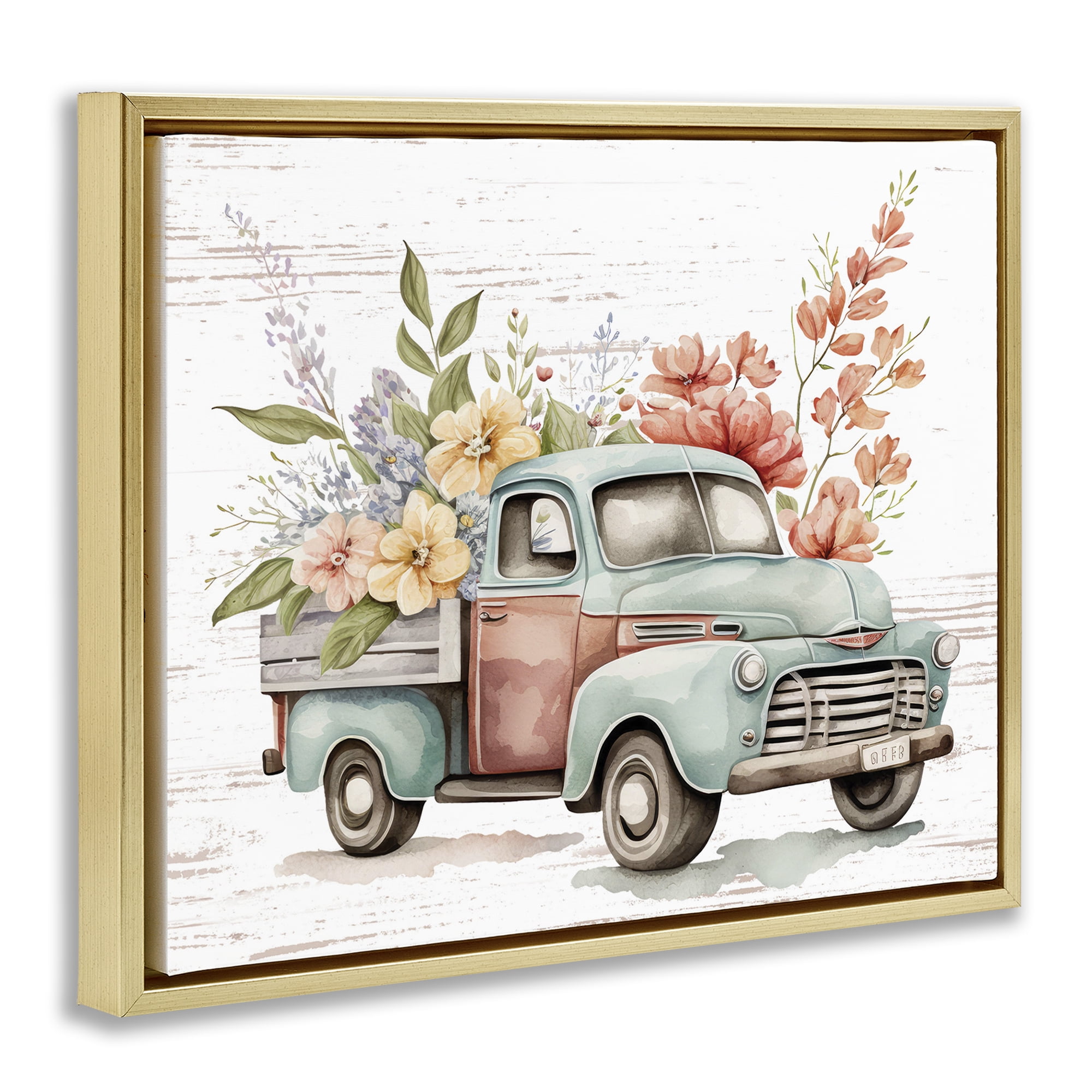 Stupell Industries Flower Blossom Truck Transportation Painting Gold Floater Framed Canvas Art Print Wall Art, 21 x 17