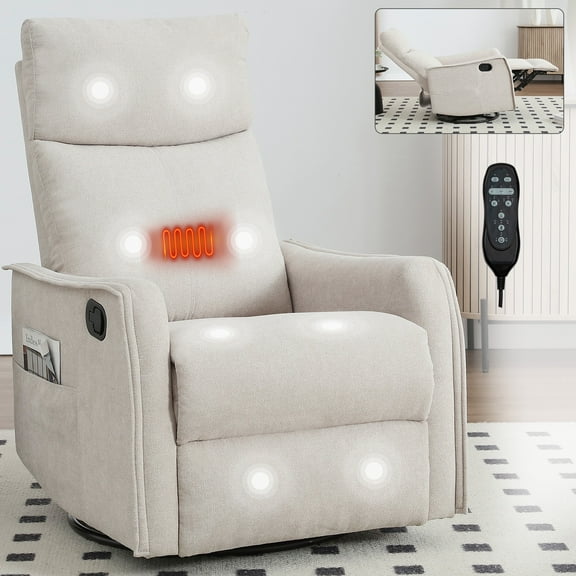 Heat Massage Manual Recliner Chair with 360° Swivel, Rocker and Lumbar Heat, Fabric Upholstery, Reclining up to 155° for Living Room, Beige