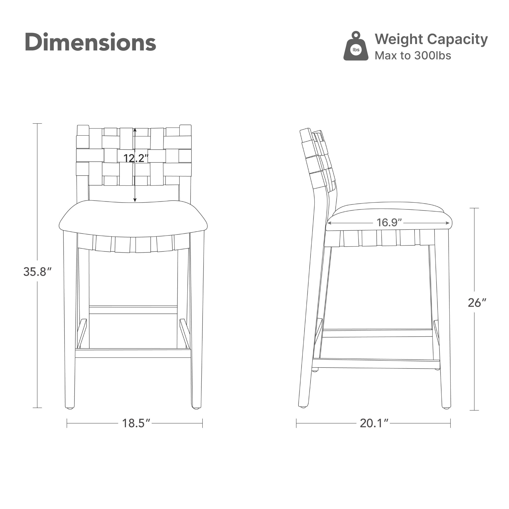 Spruce & Spring 26-Inch Solid Wood Counter Stool with Woven Back and Upholstered Seat Set of 2, Natural Wood