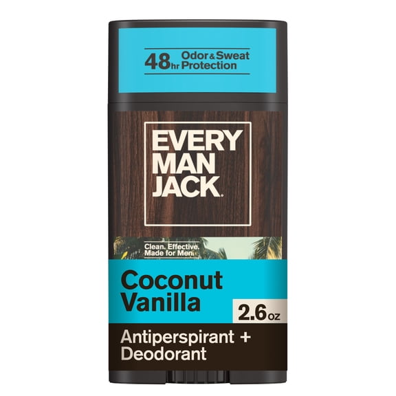 Every Man Jack Coconut Vanilla Antiperspirant Deodorant – Smooth Glide, 48-Hour Odor & Sweat Defense, 2.6 oz