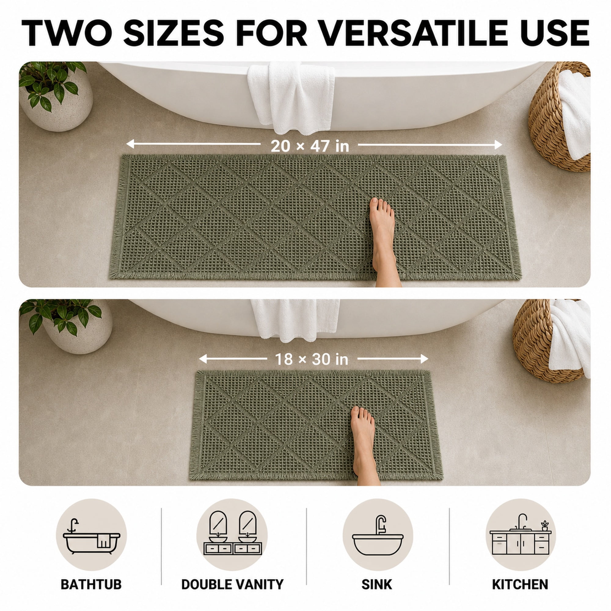 HBK 2 Piece Waffle Bath Mat Set, Non-Slip Bathroom Rugs, Absorbent & Machine Washable Shower Runner, Green, 20 x 47 and 18 x 30 Inches