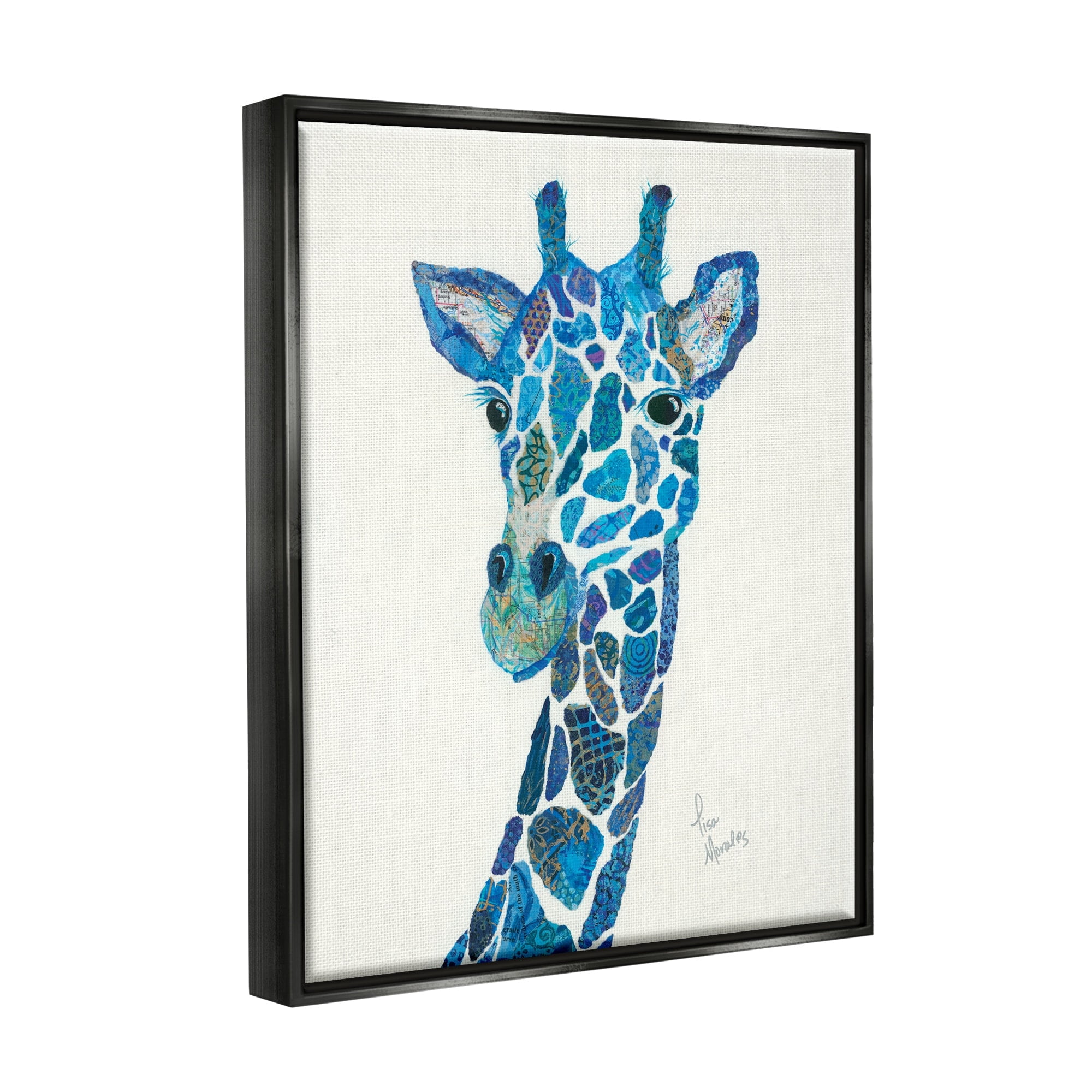 Stupell Industries Blue Giraffe Varied Collage Assortment Animal Painting Graphic Art Jet Black Floating Framed Canvas Print Wall Art, Design by Lisa Morales