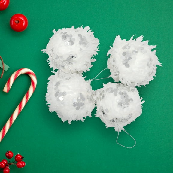 Northlight Feather Ball with Large Sequins Christmas Ornaments - 3.5" - White - Set of 4