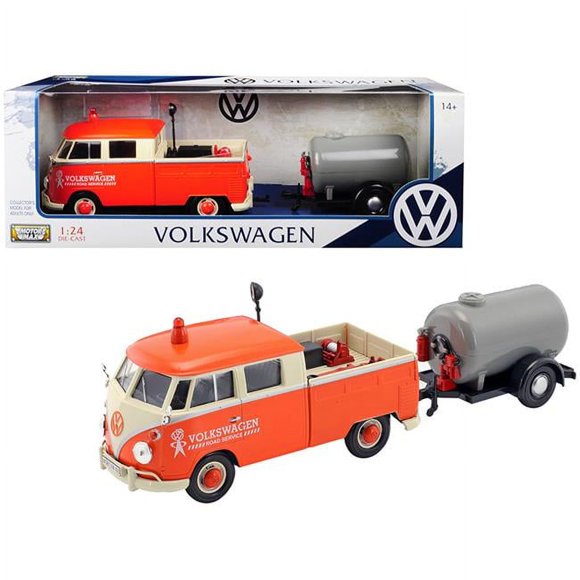 Motormax 79674 Volkswagen Type 2 T1 Pickup Truck Orange & Cream with Oil Trailer Road Service 1-24 Diecast Model Car