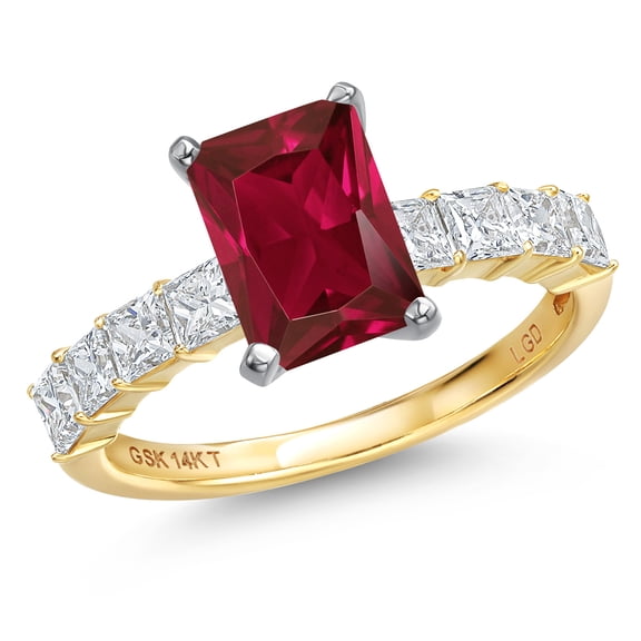 Gem Stone King 14K White And Yellow Gold Red Created Ruby and Lab Grown Diamond Engagement Ring for Women | 4.76 Cttw | Emerald Cut 10X8MM | Wedding Engagement Anniversary Ring for Women | Size 7