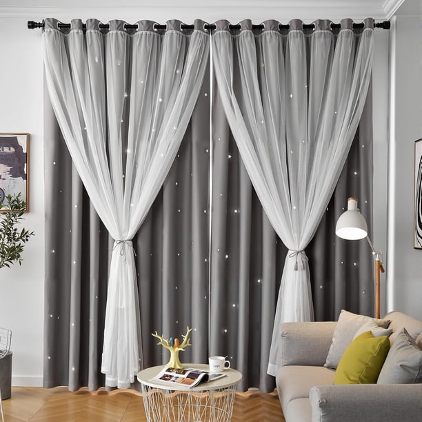 Cortinas Blackout con Aislamiento Térmico con Ojales en la Parte Superior, 2 Paneles,132 x 214 cm, Gota Doble Capa Estrella Recortada Decoración Cortinas con Voile, Estar/Recámara Ventana,Gris