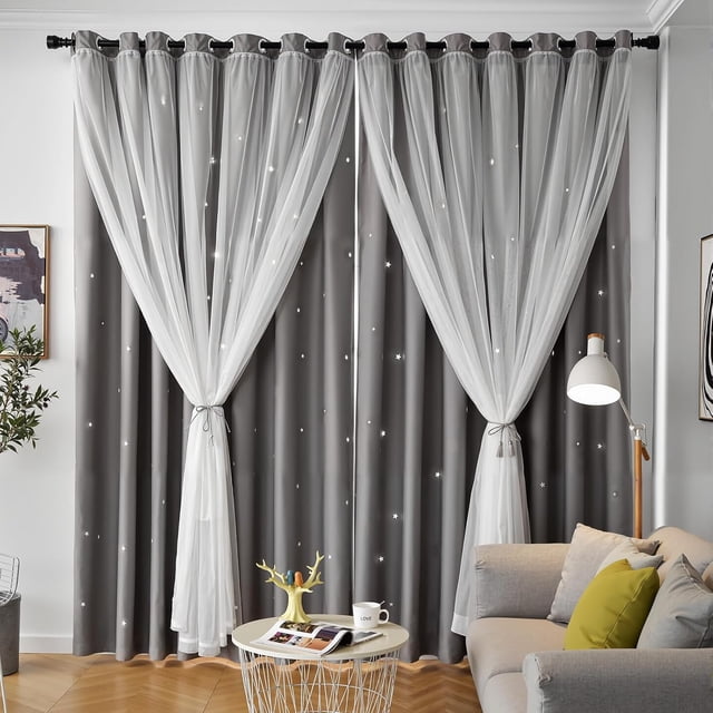 Cortinas Blackout con Aislamiento Térmico con Ojales en la Parte Superior, 2 Paneles,132 x 214 cm, Gota Doble Capa Estrella Recortada Decoración Cortinas con Voile, Estar/Recámara Ventana,Gris