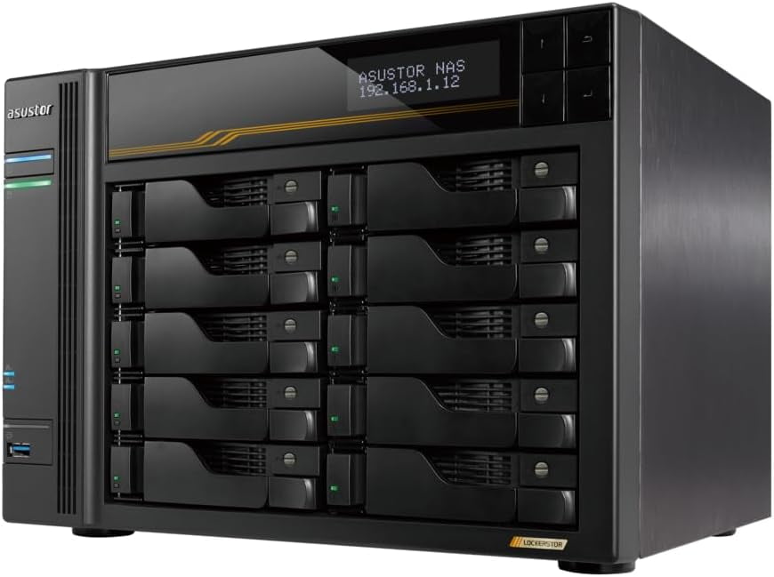 Asustor AS6810T Lockerstor 10 Gen3 10 Bay NAS,Quad-Core 2.3GHz CPU,2x10GbE Ports,16G ECC DDR5,4x M.2 SSD Slots (Diskless)