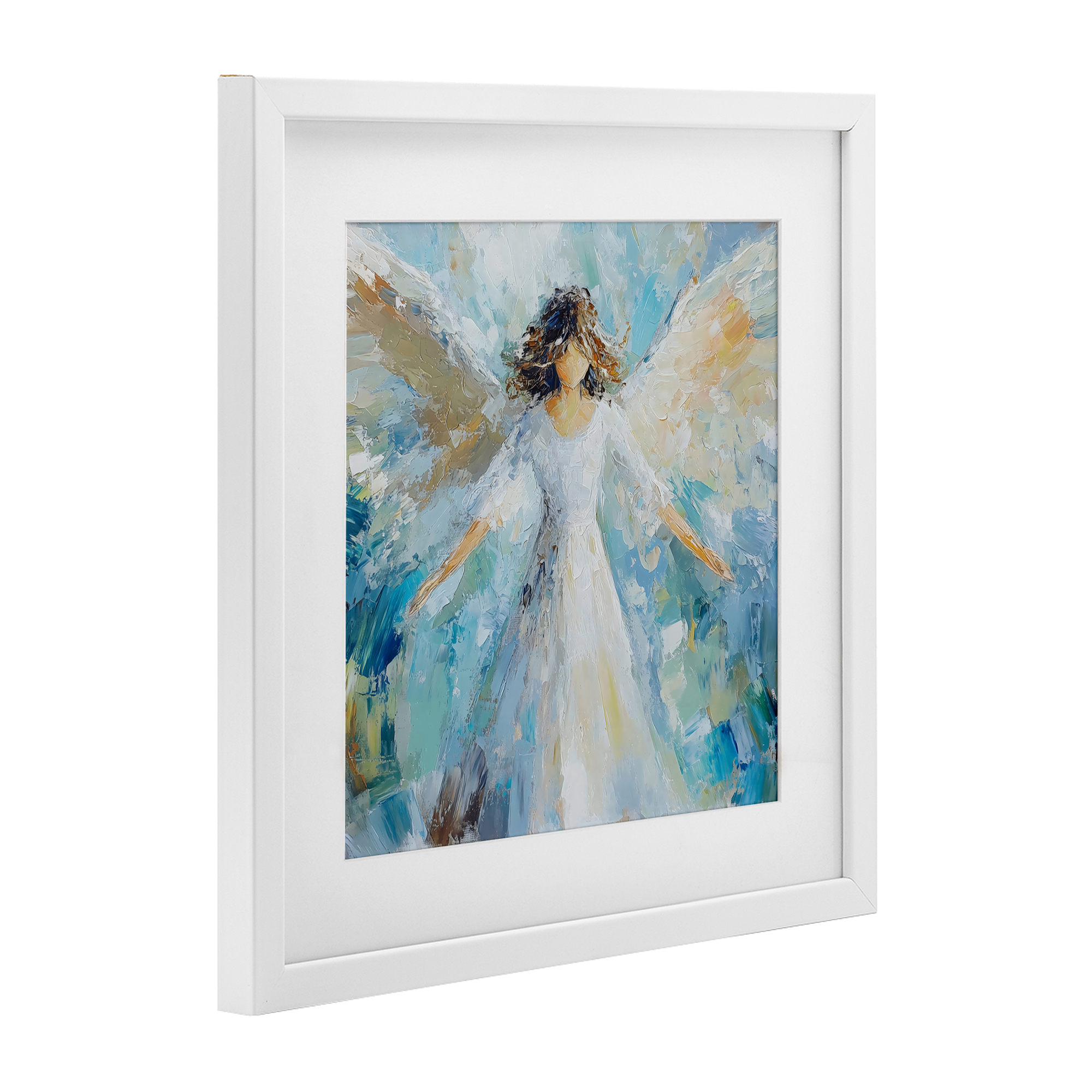 Flying Glory Angel White Framed Print Under Glass, design by Petal Prints Design