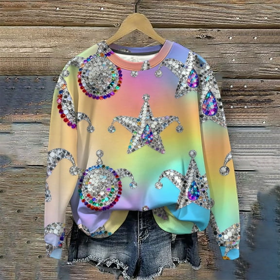 Uootdi Mardi Gras Long Sleeve Shirts for Women Crew Neck Carnival Casual Loose Sweatshirts Mask Graphic Holiday Blouse Outfit Gift