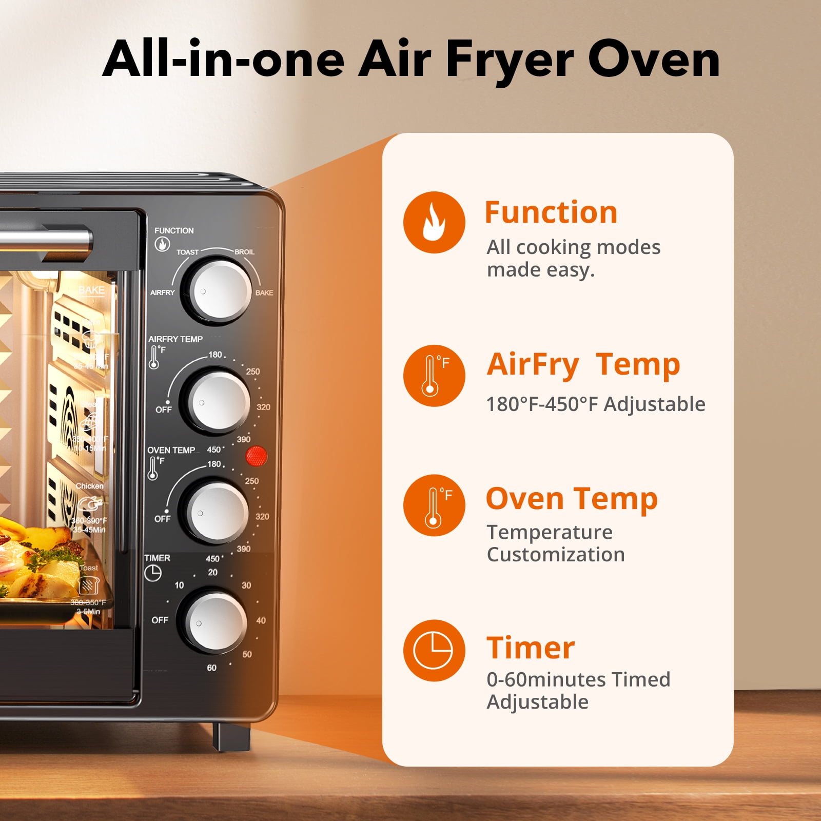 34 QT Super-Large  Air Fryer, Electric Toaster Oven Countertop, Pizza, Warm, Broil, Toast, Bake, Air Fry, 1500W, 5  Functions, 85% Oil-Less