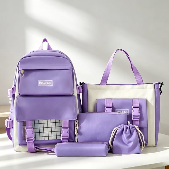 Quilted Backpack 5-in-1 Set with Matching Accessories Lightweight Multi Pocket School Kit for Age 6t 8t 10t, 12th 14th