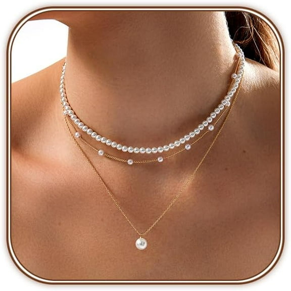 Gold Pearl Necklace for Women, 18K Gold Plated Layered Pearl Choker Trendy Wedding Dainty Gold Jewelry Set for Women Gifts