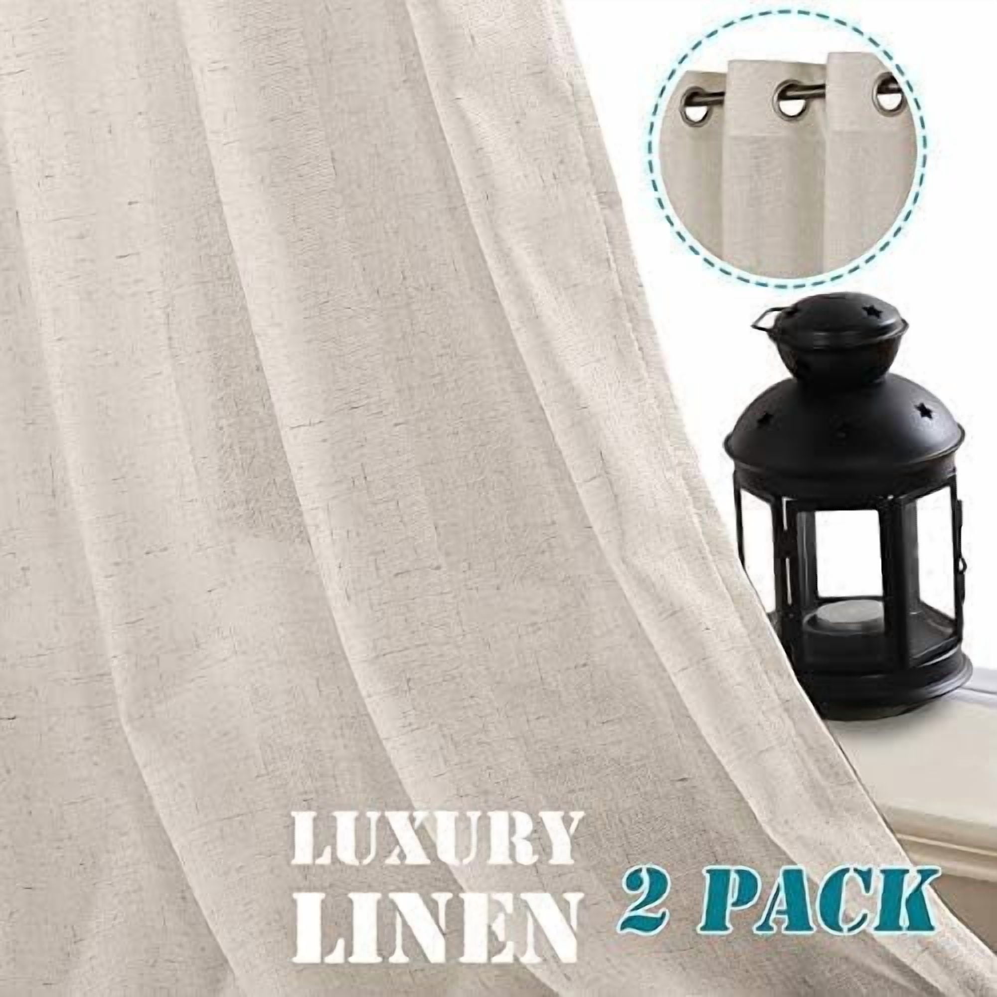 PrimeBeau Textured Semi Sheer Privacy Added Linen Blended Nickel Grommet Window Curtain Panels, 52" W x 84" L, Angora