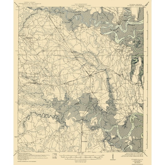 Topographical Map - Florida Georgia St Marys Quad - US Army 1936 - Vintage Wall Art