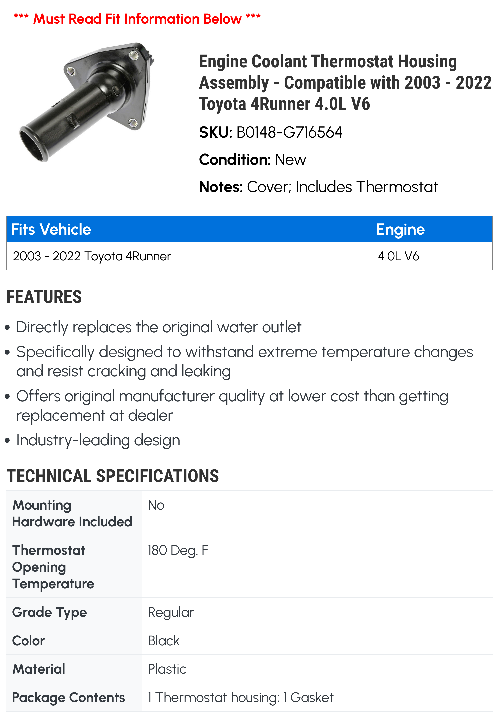 Thermostat Housing For 2003-2022 Toyota 4Runner - Direct Fit, Plastic, Evan-Fischer 13684259