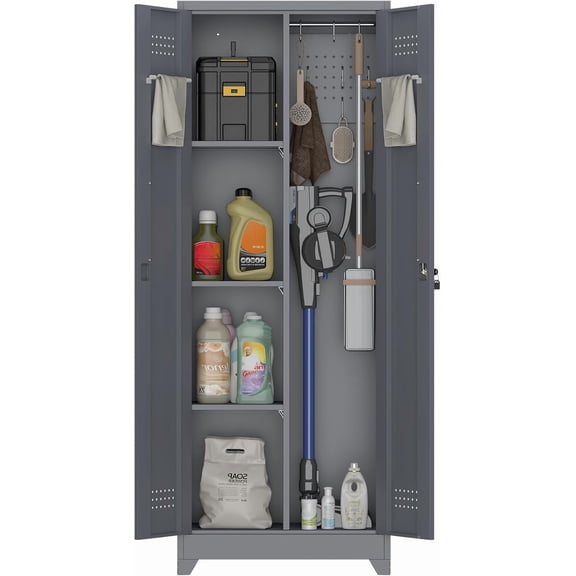 SAFEFEVER 65" H Metal Storage Cabinet,Broom Closet Storage Cabinet with Adjustable Shelves,Locking Steel Cabinets with Pegboard and Hanging Rod,Utility Closet for Brooms and Mops,Grey